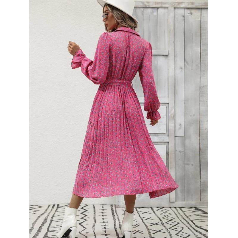 Spring and Autumn Women's Dress Fashion Tie Pleated Long Sleeve Swing Dress
