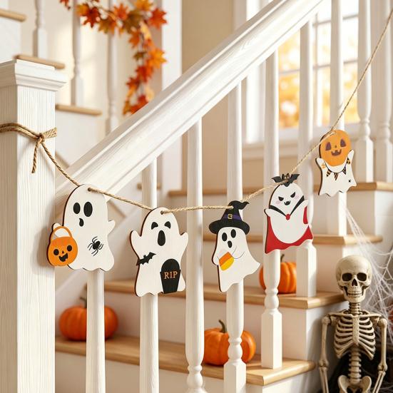 Halloween Wall Ornaments Ghost Wooden Hanging Sign with Hemp Rope, Cute Holiday Pendants for Home Party Decorations
