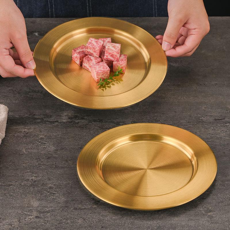 Korean Style Stainless Steel Round Barbecue Grill Plate with Wide Rim and Flat Bottom