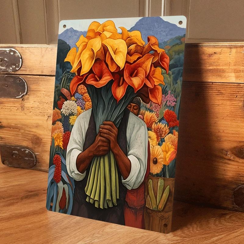 

1 piece: Rustic floral tin wall hanging plaque, creative home wall decoration, retro-style art mural, living room/entrance backg (as the picture,20x30cm)