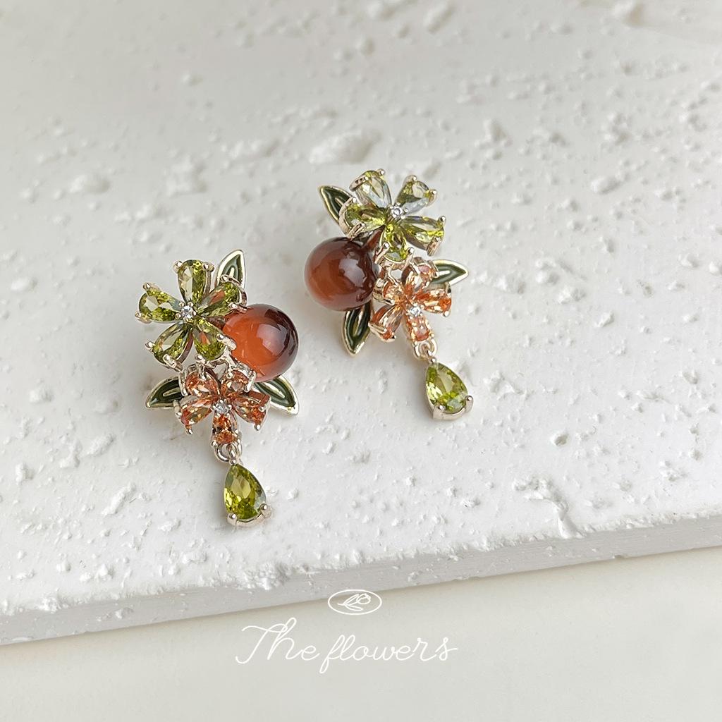 Mori sweet flower persimmon needle inlaid zircon literary earrings earrings, jewelry supply