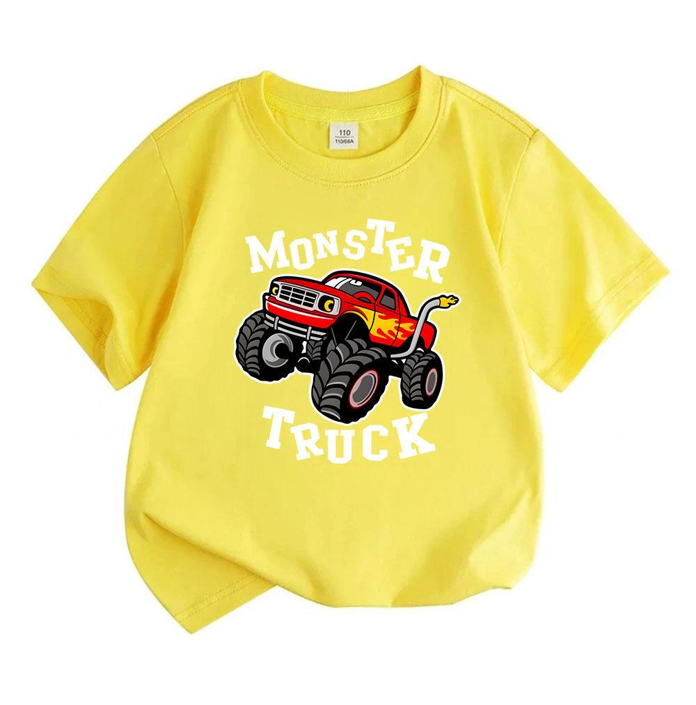 Cartoon Monster Truck Print Kids Boys Girls 100% Cotton O-neck Short Sleeve T-Shirt, Casual Lightweight Tees for Toddlers Children Daily Wear