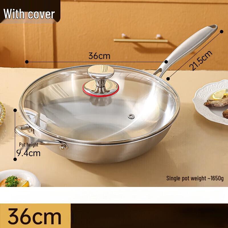 Wutuo 36cm 316 Stainless Steel Non-stick Flat-Bottom Wok with Lid