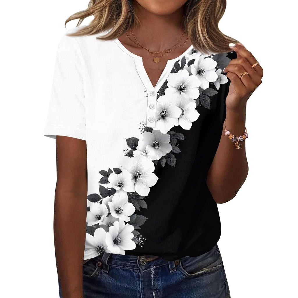 Women's T Shirt Print Button Short Sleeve Daily Weekend Fashion Basic V- Neck Regular Top