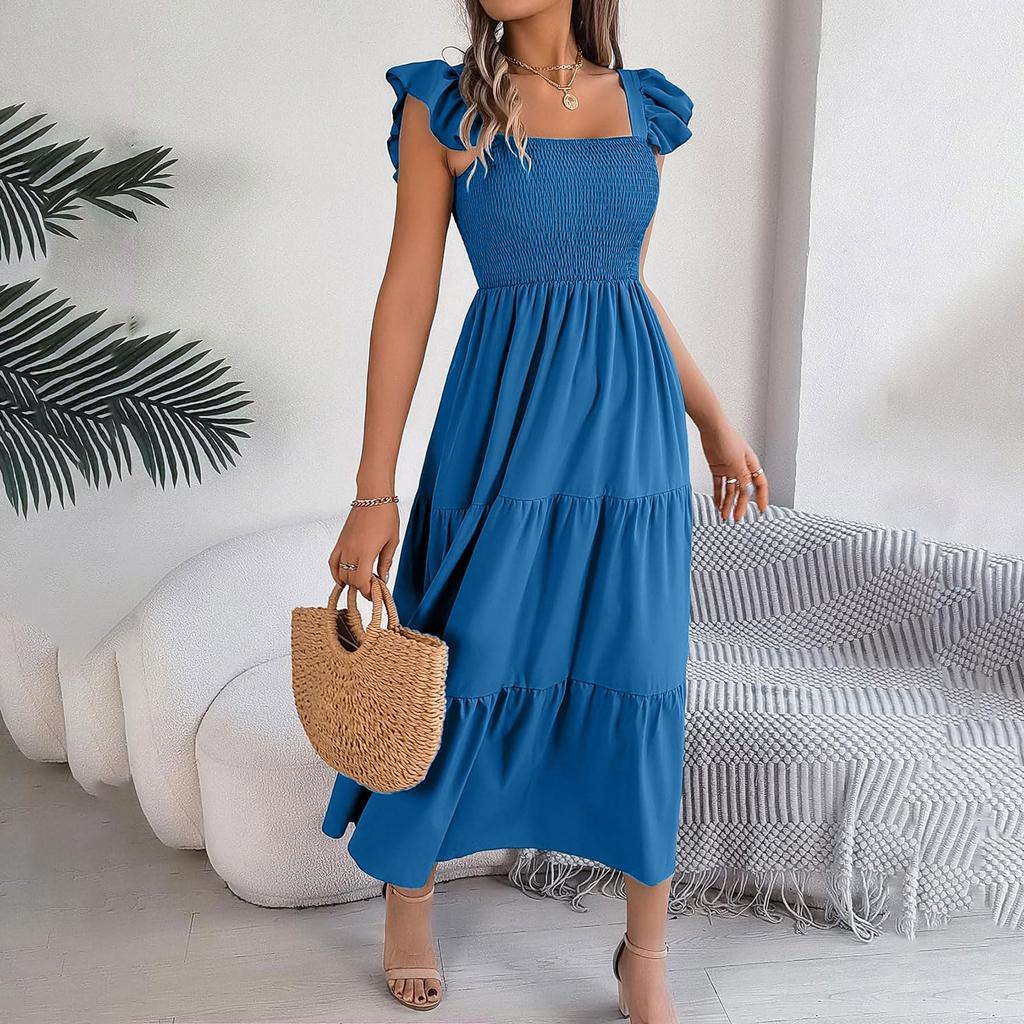 Women's Square-Neck Ruffled Short-Sleeve Zipper Fashion Casual Fitted Bodycon Dress