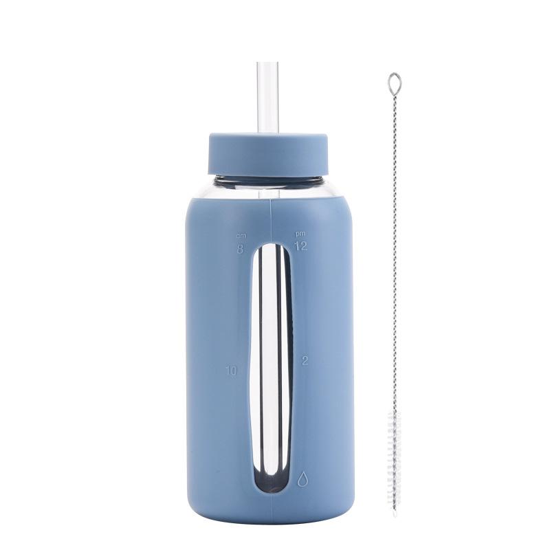 Szklany Silikonowy Pokrowiec Skala Czasowa Kubek na Wodę ze Słomką 800 ml Duża Pojemność Przenośny Kubek Outdoorowy