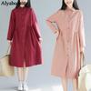 Mori Girl Autumn Spring Women Midi Shirt Dress Pink Wine Red Loose Cardigan Cotton Linen Retro Dress