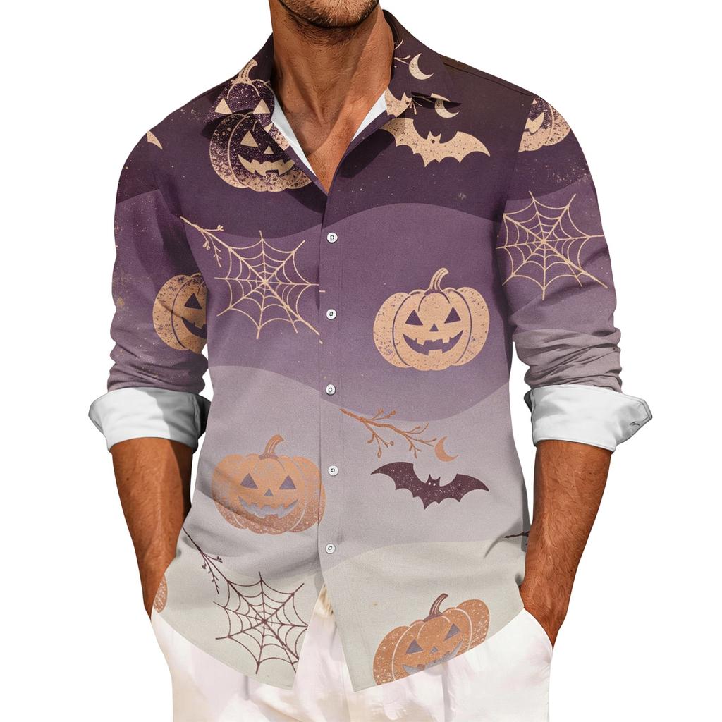 Men's Casual Long Sleeve Halloween Print Shirt Button Down Collar Relaxed Fit Lightweight Breathable Fabric Casual Sport Shirt