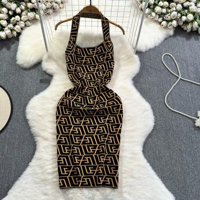 Summer Women Brand Designer Sexy Club Party Halter Print Letter Knitted Sweater Slim Bodycon Mini Short Sheath Dresses