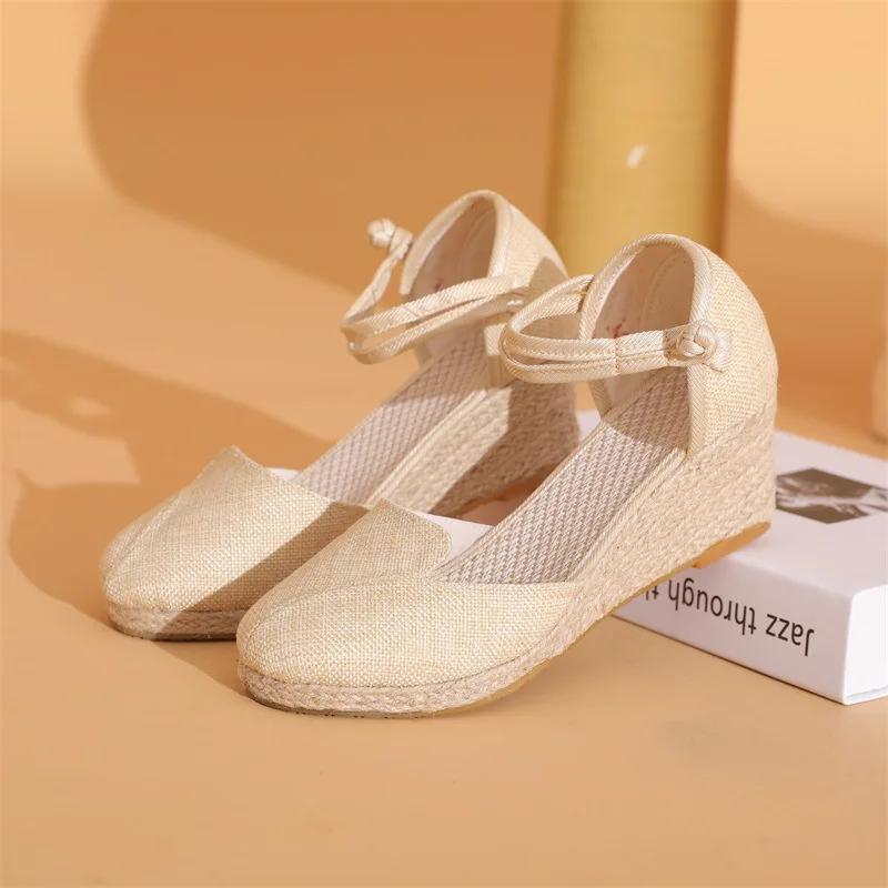 Fashion Women Platform Wedge Linen Sandals Fast Shipping Versatile Braided Buckle Breathable Wedge Sandals High-Heeled Shoes SandáLias