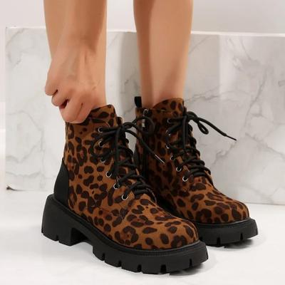 Moda Europeia Americana Leopardo Estampa Botas Curtas 2024 Outono Inverno Estilo Britânico Sola Grossa Tubo Curto Botas de Motocicleta para Mulheres