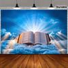 Holy Bible Open Book Clouds Sky Light Rays Religious Tapestry Spiritual Wall Art Church Decor Heavenly Scripture BackgroundPrint
