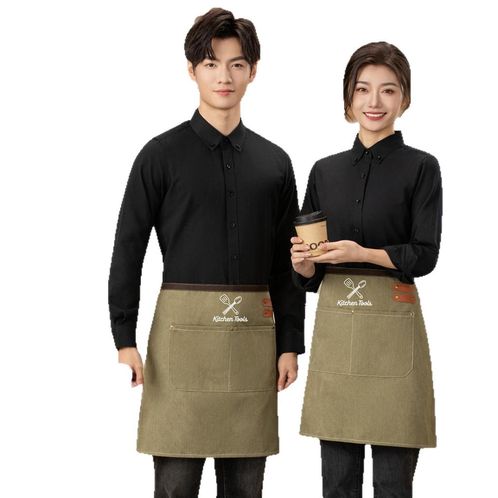 Unisex Black Half Apron - Korean Style Denim for Bar & Cafe Workers