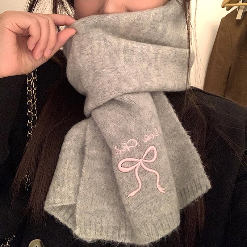 2025 Winter  College Style Imitation Cashmere Scarf Solid Color  Embroidered Bow Couple Scarf