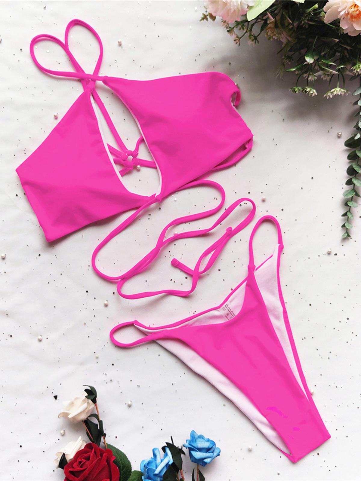 

3 цвета, асимметричный бикини с высоким вырезом, женский купальник, женский купальник, комплект из двух частей, купальный костюм, купальный костюм для женщин L розовый