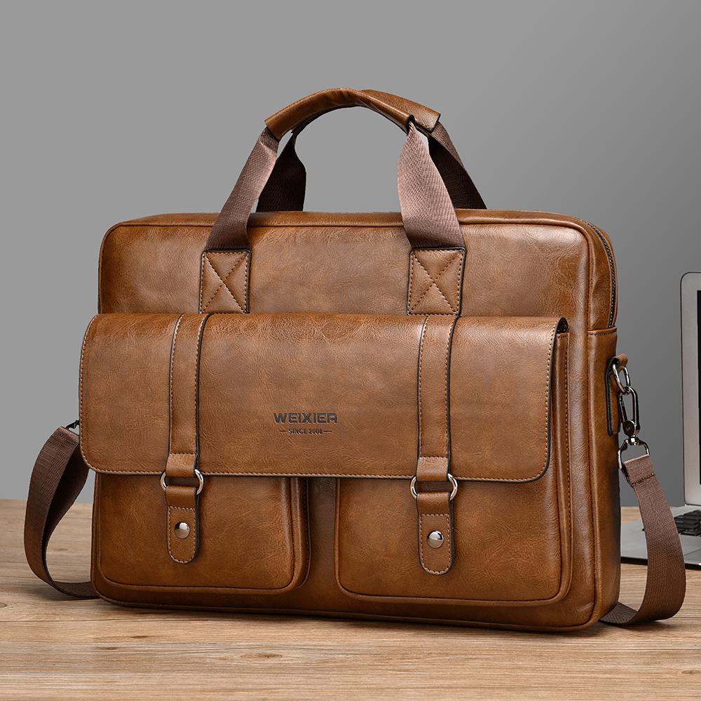 WEIXIER Men's Leather Briefcase 15.6 Inch Laptop Computer Bag Large Satchel Messenger Crossbody Shoulder Bag for Office Business Adjustable Strap