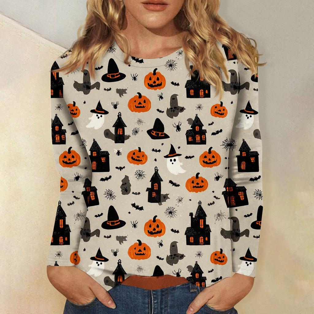 Women's long-sleeved loose-necked Halloween print casual top , suitable for holiday parties