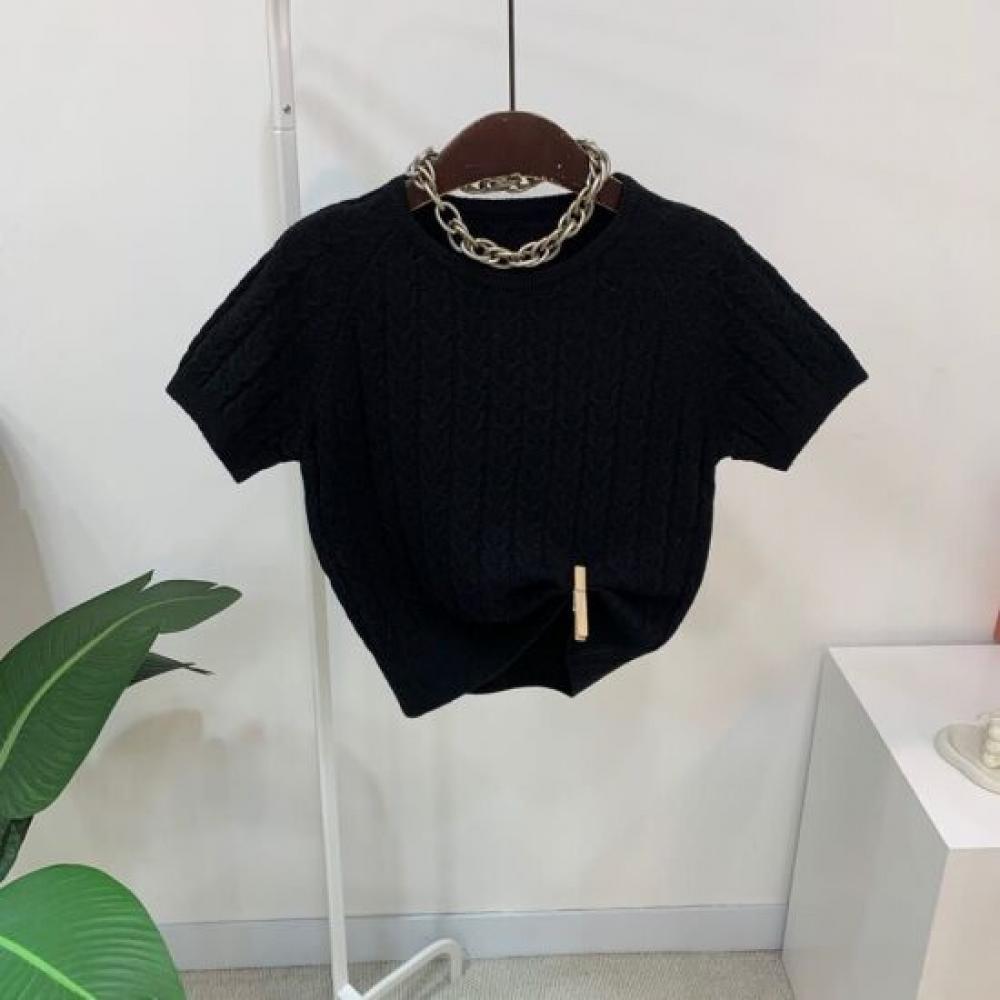 C S In The Room Cre Wool 25 baSiC Double Cable Round neCk Short Sleeve Knit 4Col