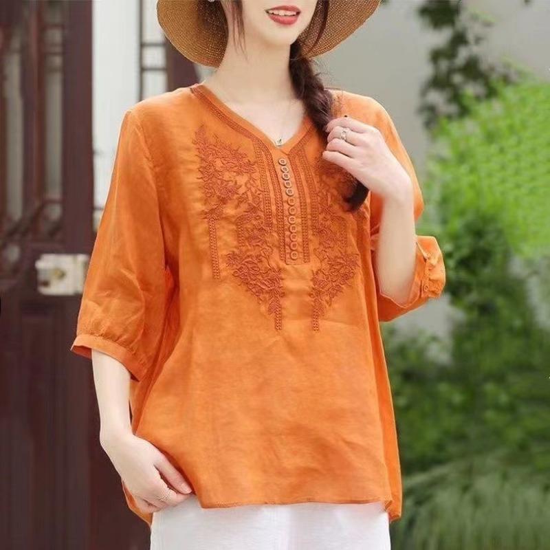 Literary Retro Style Summer New Short-sleeved Cotton and Linen Loose Embroidered Cotton Shirt Women's Trendy Tops