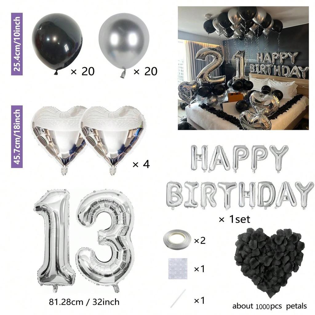 1050pcs Black & Silver Party Balloons Decorations with Silver Happy Birthday Banner Chrome Silver Balloons for kids and adults