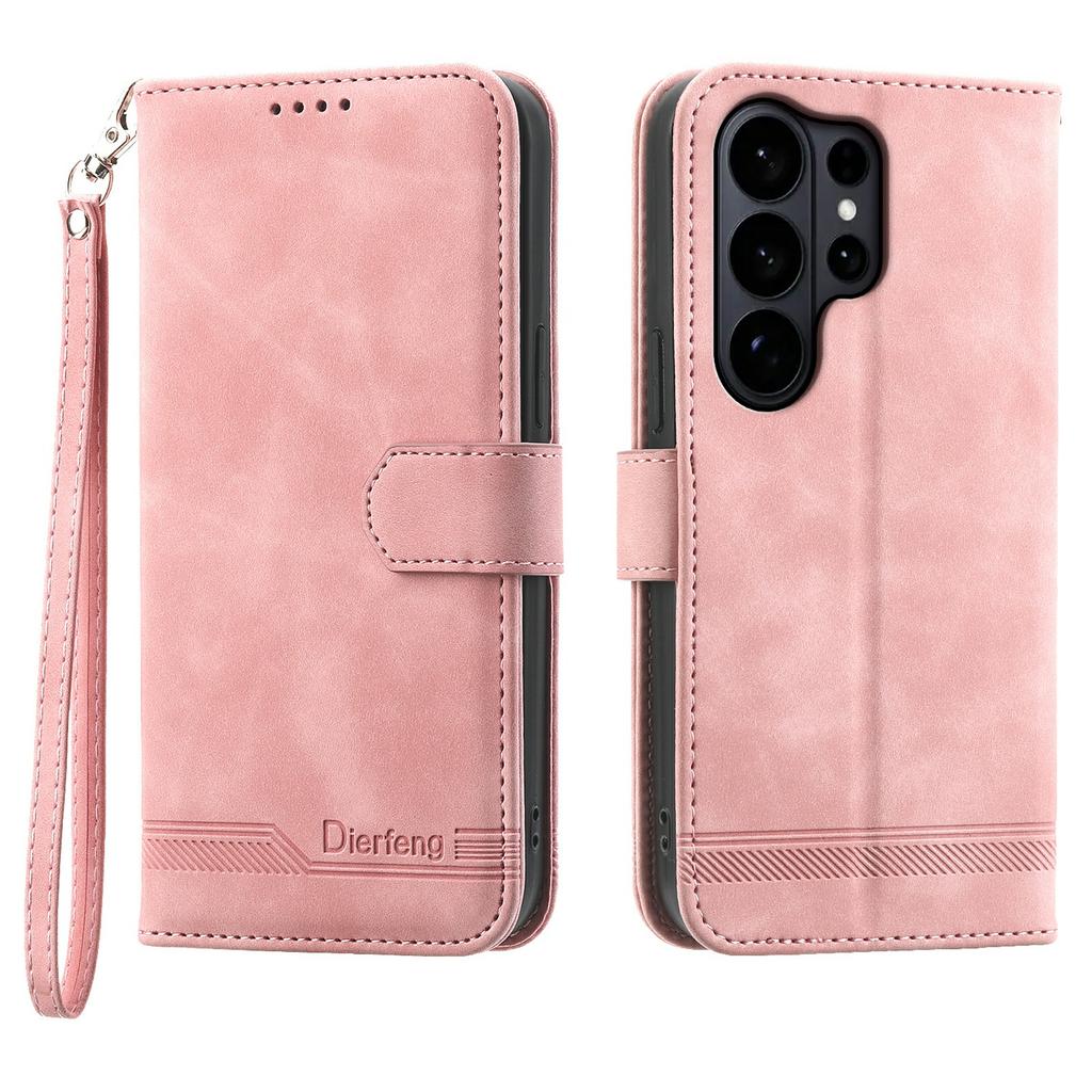 DIERFENG DF-03 For Samsung Galaxy S26 Ultra Case Lines Imprint Wallet Leather Phone Cover with Wrist Strap