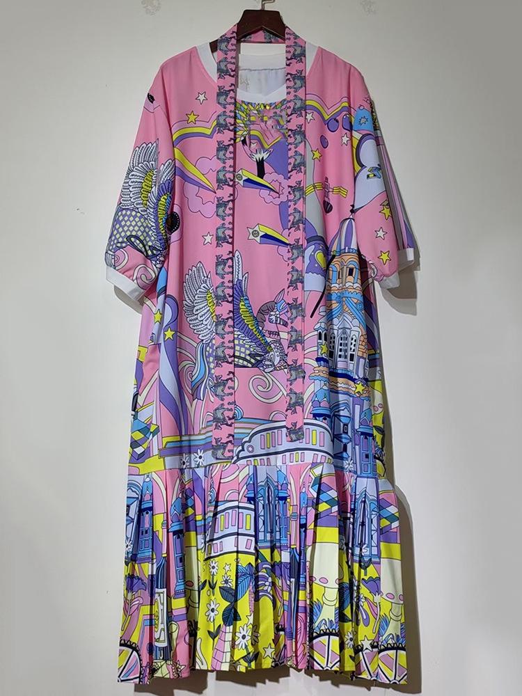 2025 Women's Retro Geometric Print Short Sleeve T-Shirt Dress with Loose Puffy Skirt