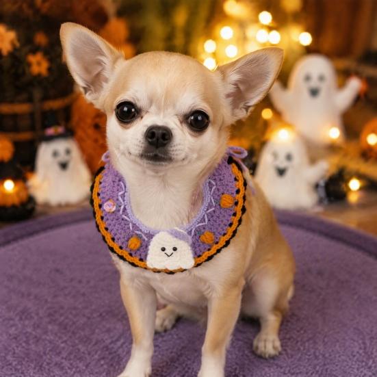 Clothing Halloween Pet Costume for Cats Small Dogs, Handmade Crochet Witch Hat Bib Puppy Party Accessories Collar, Adjustable Holiday Dog Cat