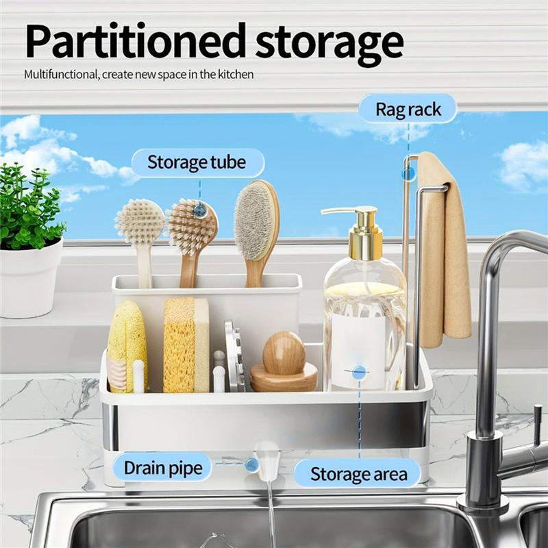 Multi-Function For Cleaning Supplies Storage Box Stainless Steel Sponge Rack With Drain-Kitchen Bath Towel Brush Set