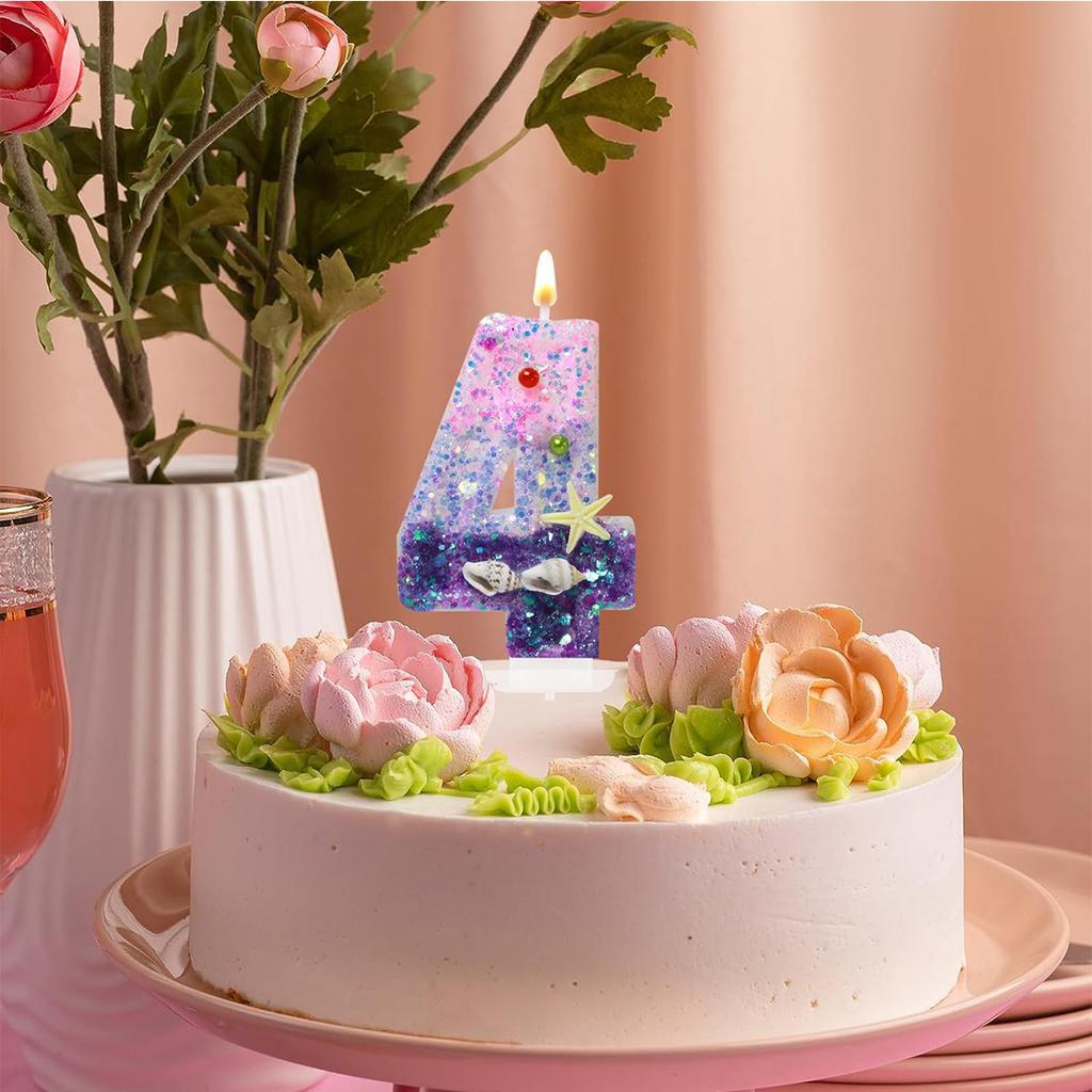 Birthday Number 1 Candles, Mermaid Theme Birthday Candles for Cake, Pink Purple Numeral Candle Cake Topper with Sequins