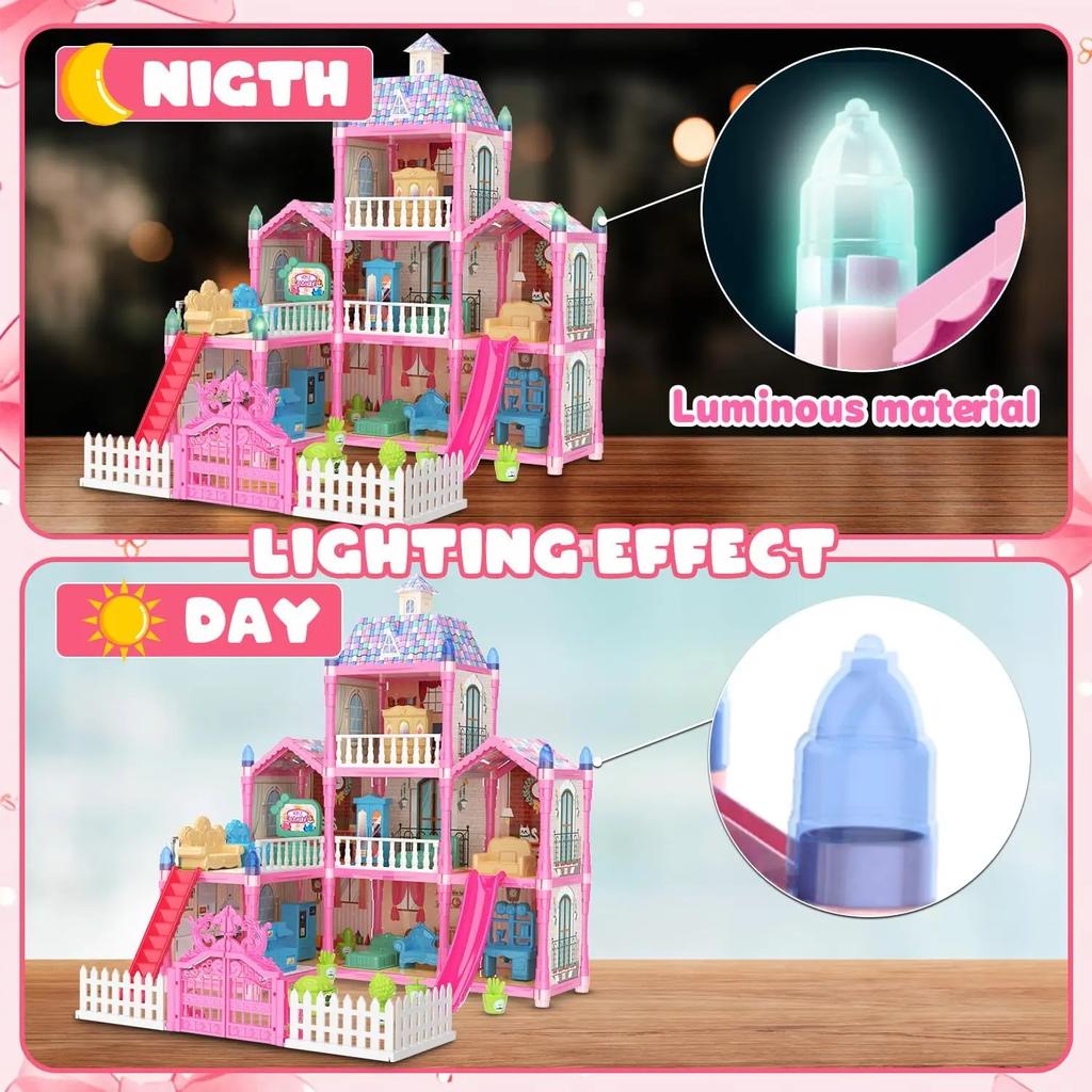 Casa de Bonecas Luminosa Dreamhouse para Meninas Conjunto de Casa de Brincar de Princesa com Bonecas Móveis Acessórios Brincadeira de Faz de Conta Presentes de Aniversário