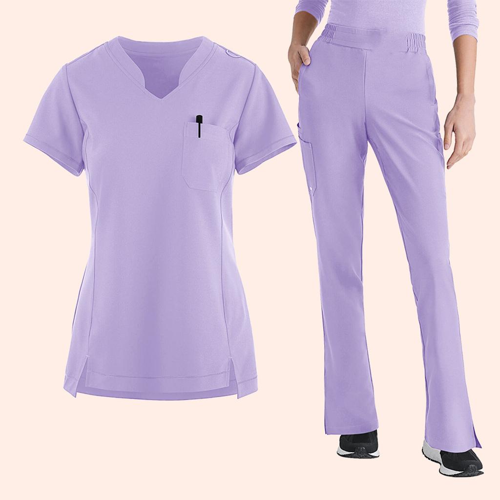 Women's Loose And Comfortable V-neck Short Sleeved Workwear With Tie Up Top And Waist Cinching Beauty Suit Set