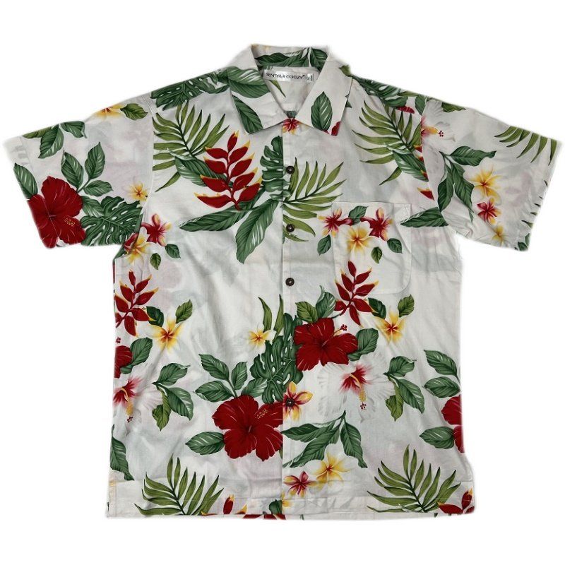 Men's Summer Pure Cotton Large Floral Short-Sleeved Shirt, Loose-Fitting Seaside Vacation Couple's Hong Kong-Style American Casual Shirt