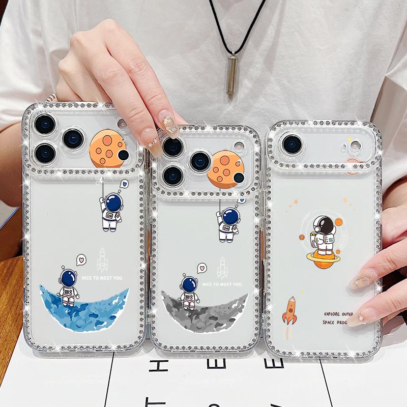 Cute Astronaut Printed Bling Diamond Case For iPhone 17 Air 16e 16 14 15 13 17 Pro Max 15 16 Plus 17 Soft Silicone Phone Cover