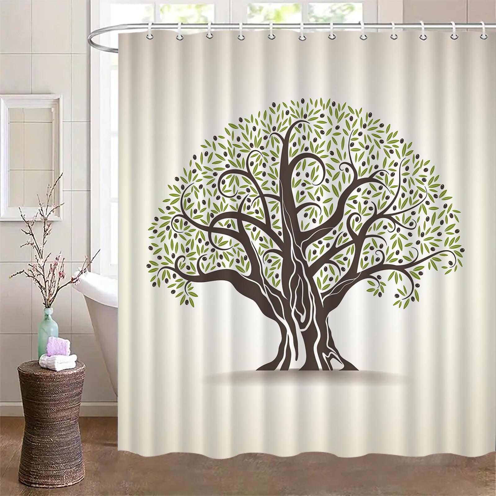 

Elegant Tree Pattern Shower Curtain – High-End Polyester with Hooks, Artistic Green Leaf Design, Machine Washable W90xH180cm