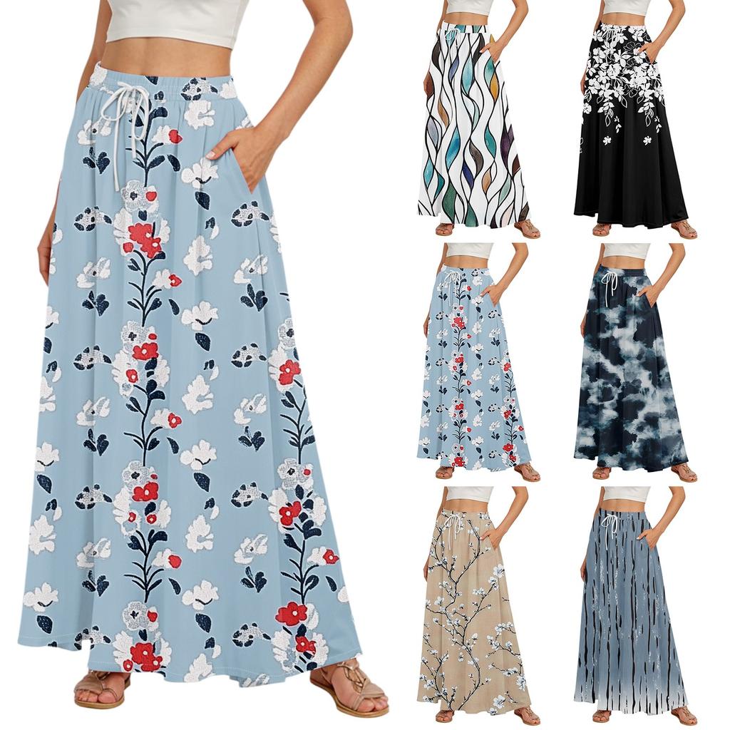 Gonne Maxi A Line da Donna Fluide Svasate con Orlo a Balze Vita Elastica Eleganti a Strati Boho Lunghe