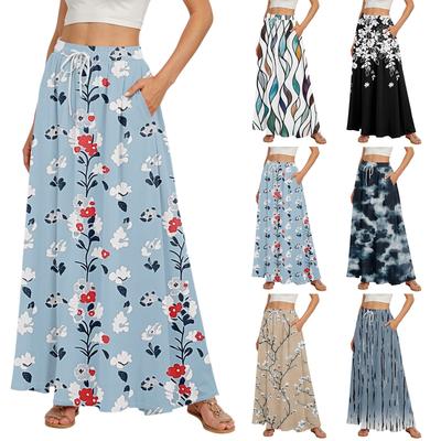 Women's Flowy Flared Ruffle Hem A Line Maxi Skirts Elastic Waist Elegant Tiered Layer Boho Long Skirts