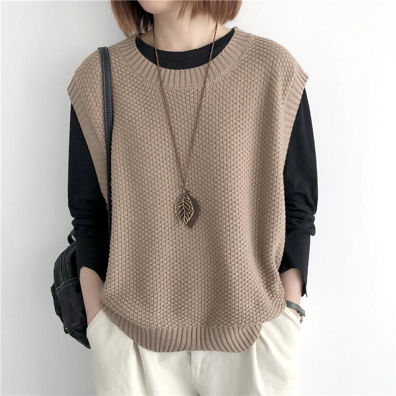 Women's Retro Knitted Vest - 2024 Spring/Autumn Style, Solid Color, Loose Fit, Round Neck, Irregular Pullover Waistcoat.