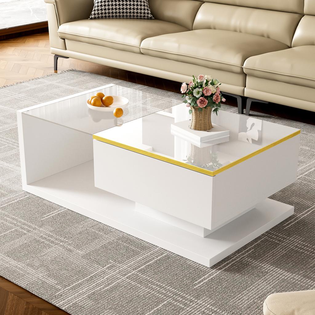 90 cm Langer Couchtisch, Hochglanz Weiß. Beistelltische, Couchtische mit Glas und LED-Effekt