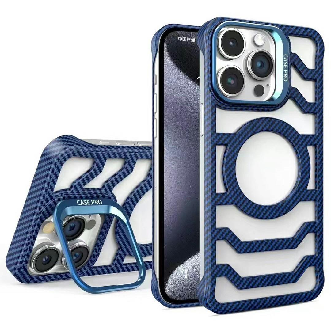 

For iPhone 15 Pro Max Case Compatible with MagSafe Frameless Kickstand PC Phone Cover Carbon Fiber Texture Blue