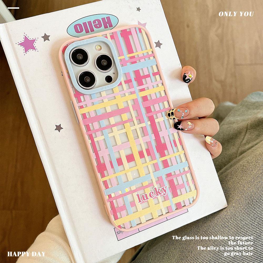 Colorful Plaid Contrast Color Suitable for IPhone16 Mobile Phone Case Apple 15 Protective Case 14pro Acrylic 13 Soft Edge
