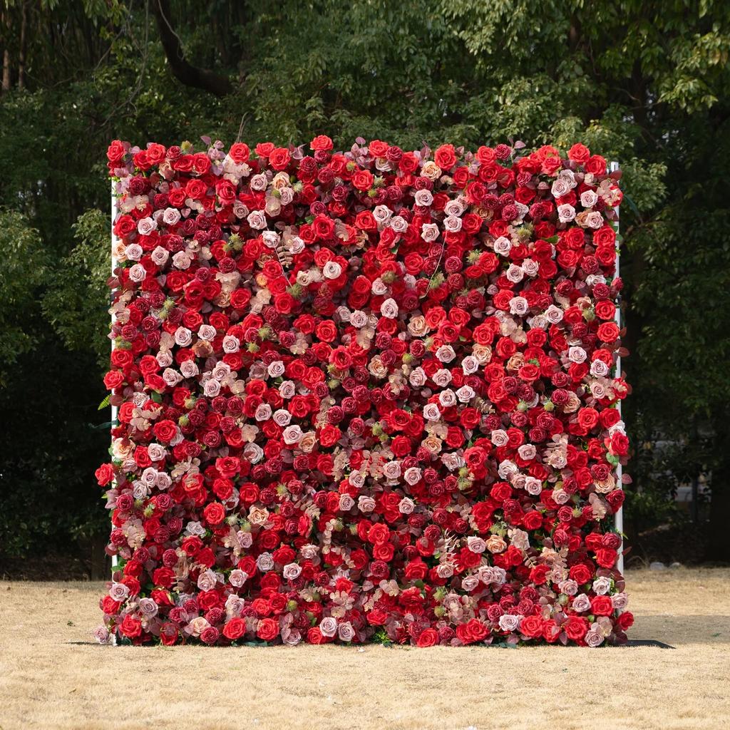 Uflower Red Rose Flower Wall Roll-Up Hanging Fabric Backdrop for Wedding Event Party Decorations Artificial Floral Curtain