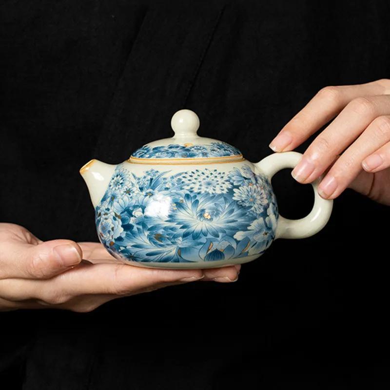

160ml Chinese Ru Kiln Ceramic Teapots Handmade Flowers Pattern Tea Pot Beauty Tea Infuser Kettle Travel Portable Tea Set Teaware