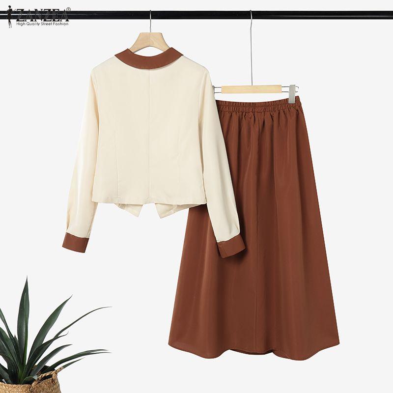 ZANZEA Women Long Sleeve Blouse and Skirts Casual Two Piece Suit Sets