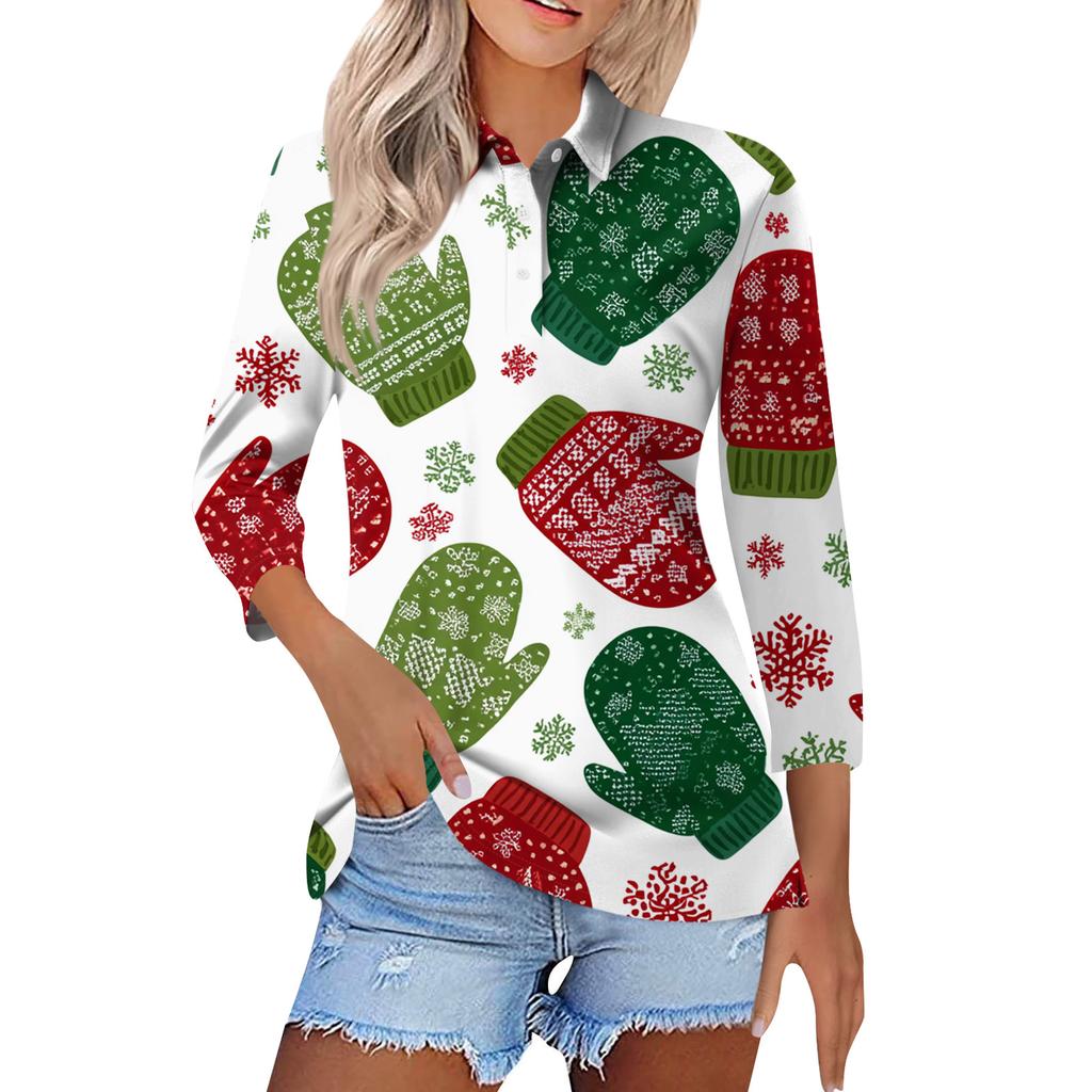 Women's Fashion Casual Button 3/4 Sleeve Vintage  Print Lapel Top