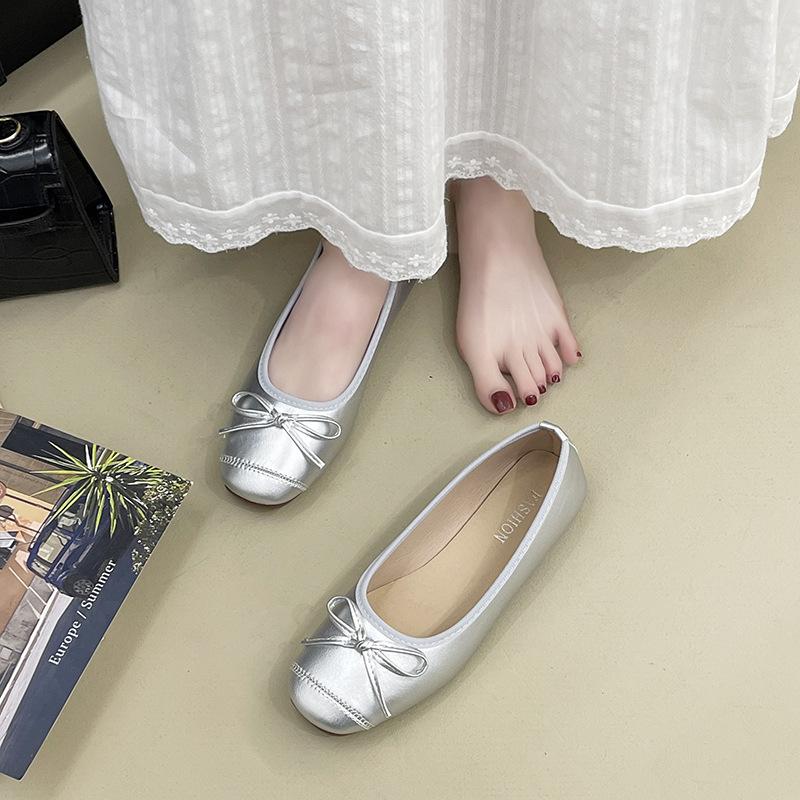 Super Soft Single Shoes Women's Suede Green Bow Flat Bottom 2025 Spring and Autumn Round Head Soft Sole Light Mouth Shoes Women