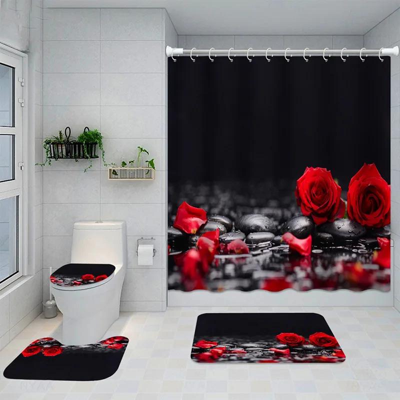 3D Rose Flower Waterproof Shower Curtain Set Non-Slip Floor Mat Sets Bathroom Sets With Shower Curtain And Rugs Bathroom Decor