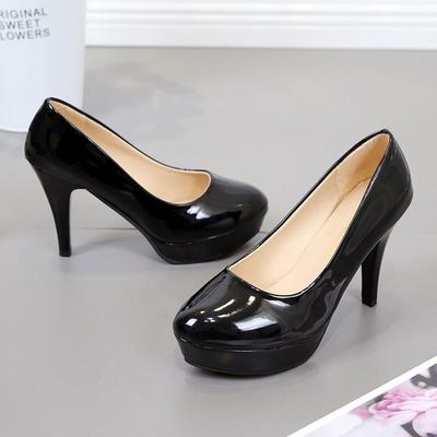 Spring and Summer New Super High Heels Shoes Black Waterproof Patent Leather Light Mouth Round Head Waterproof Table Single Shoes Sexy and Thin