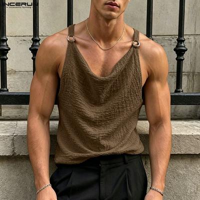Men Swing Collar Sleeveless Texture Casual Loose Fit Tank Tops Undershirts