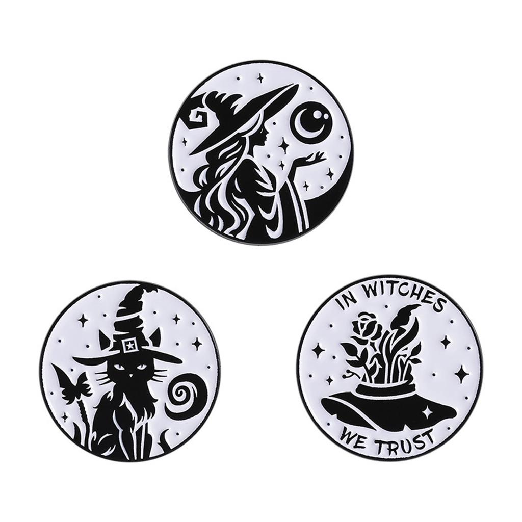 Witch Brooch Gothic Enamel Pin Punk Styles Black Cats Designs Jewelry Accessory For Halloween Outfit Decoration