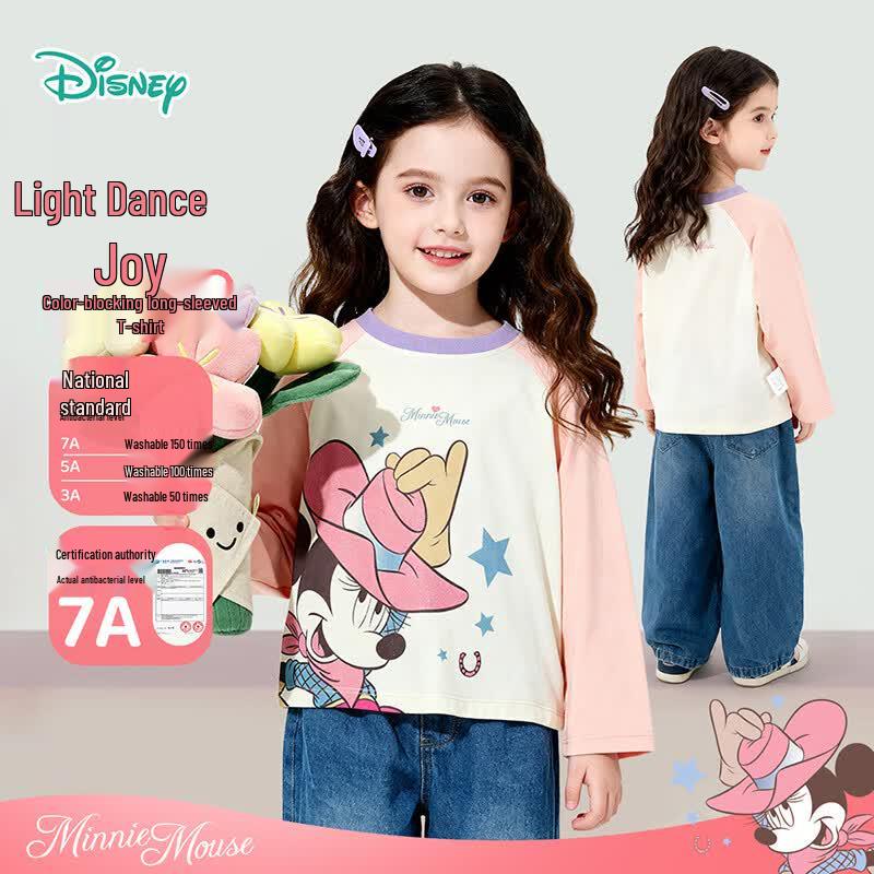 Disney Girls  7A Antibacterial Colorblock Raglan Long Sleeve T-Shirt 100